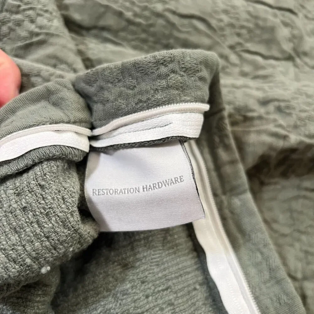 Restoration Hardware (2) King Pillow Shams Green Textured Cotton Zip Closure EUC